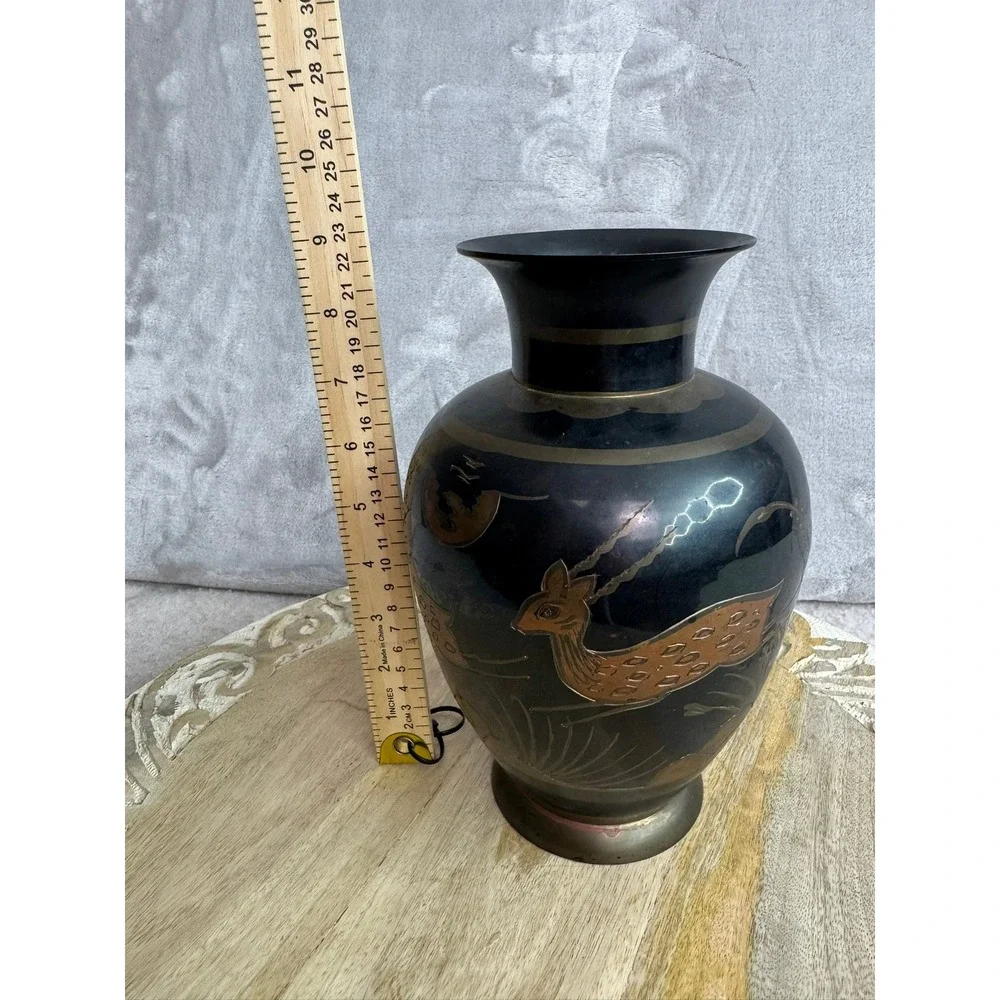 Vintage Black Etched Brass Vase Deer Gazelle Floral Palm‎ Tree Design 9.5 Inch